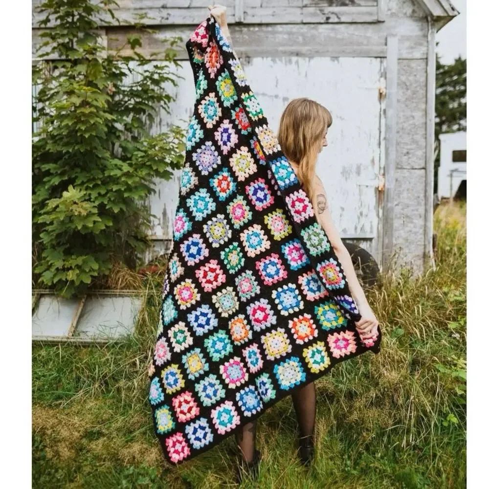 Vintage Granny Square Festival Crochet Afghan Rainbow Multicolor Blanket Throw